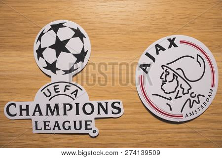 15 December 2018. Nyon Switzerland. The Logo Of The Football Club Ajax Amsterdam And Uefa Champions 