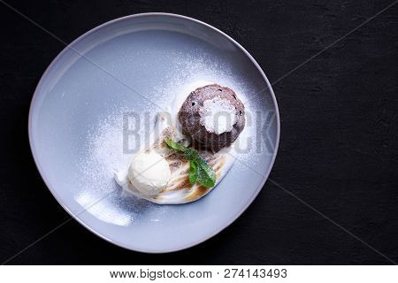 Delicious Chocolate Fondant, Lava Cake, Restaurant Serving. Traditional French Dessert, Sweet Tasty 