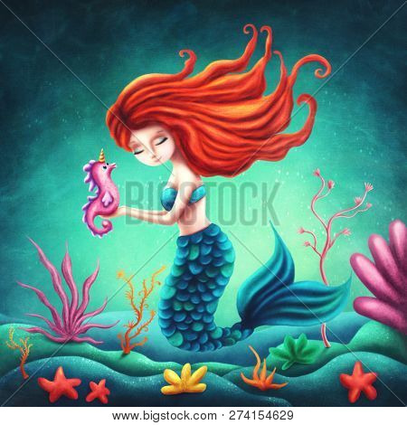 Illustration of a cute mermaid with a seahorse