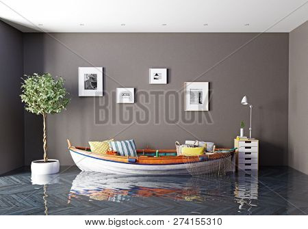 the boat as a sofa in flooding interior. Creative concept. 3d rendering