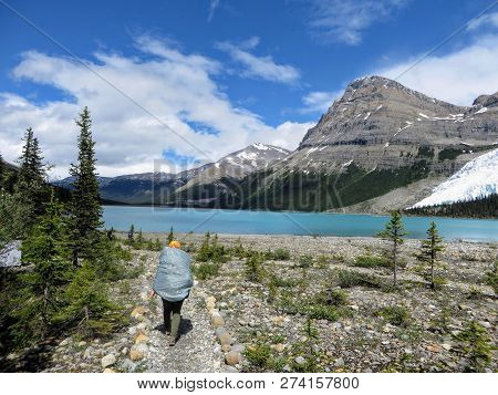 A Young Female Hiker Hiking Along The Berg Lake Trail, In Mount Robson Provincial Park, British Colu