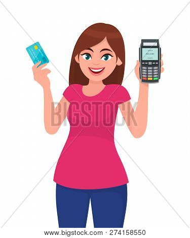 Young Woman Holding Pos Payment Terminal And Card. Girl Showing Credit/debit Cards Swiping Machine. 