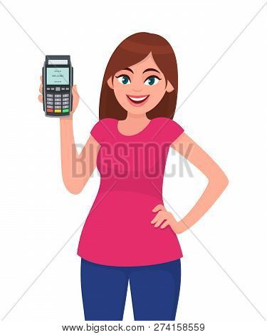 Young Woman Showing/holding Pos Payment Terminal Or Credit/debit Cards Swiping Machine While Holding