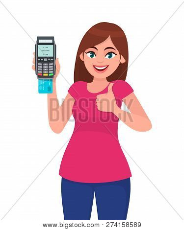 Young Woman Showing/holding Pos Payment Terminal Or Credit/debit Cards Swiping Machine, Gesturing Th