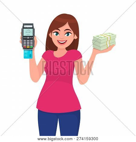Young Woman Showing Pos Terminal Or Credit/debit Cards Swiping Machine And Holding Bundle Of Cash/mo