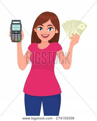 Young Woman Showing Pos Terminal Or Credit/debit Cards Swiping Machine And Holding Cash/money/curren