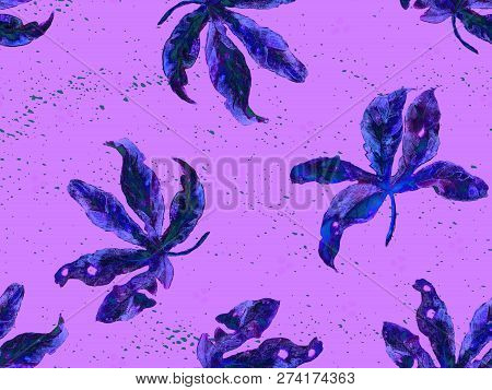 Indigo Exotic Pattern. Monstera Leaves And Hibiscus Flowers In Summer Print.  Hawaiian T-shirt And S