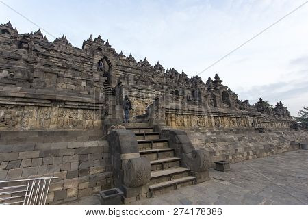 Yogyakarta, Indonesia - August 05, 2017: Tourists Visiting Borobudur Temple In Yogyakarta