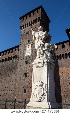 Milan, Italy, December 5, 2018 - San Giovanni Nepomuceno Statue In Sforzesco Castle In Milan, Italy
