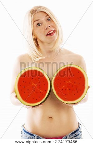Cute Young Woman Blond Topless With A Half-cut Juicy Watermelon, White Background