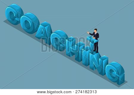 Isometric Cartoon Vector People, 3d Businessman, Concept Of Training Staff, Coach On Demand Teaches,
