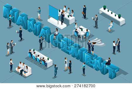 Isometric Cartoon People, 3d Businessmen, Office Workers, People In Business Suits Big Letters Manag