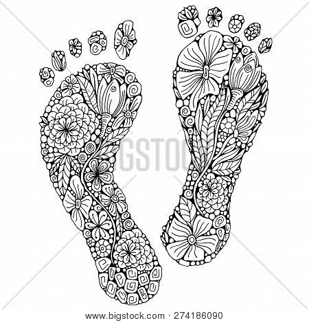 Human Footprint In Doodle Style. Coloring Book Page. Footstep With Different Little Flowers In Zenta