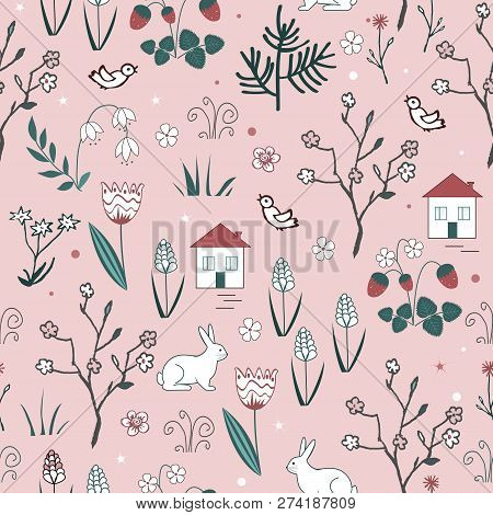 Cute Spring Vector Seamless Pattern With Cartoon Doodle Flowers, Blooming Trees, Hares, Birds And Ho