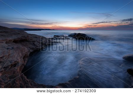 Seascape During Sunrise. Beautiful Natural Seascape. Sea Sunrise At The Black Sea Coast. Magnificent