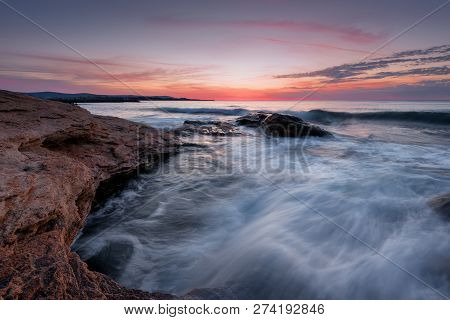 Seascape During Sunrise. Beautiful Natural Seascape. Sea Sunrise At The Black Sea Coast. Magnificent
