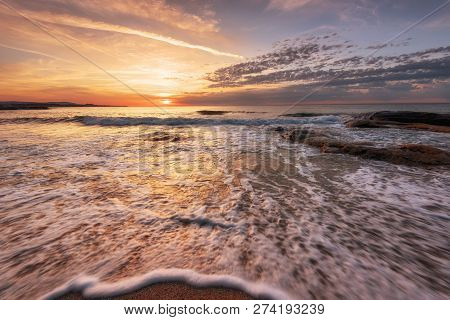 Seascape During Sunrise. Beautiful Natural Seascape. Sea Sunrise At The Black Sea Coast. Magnificent