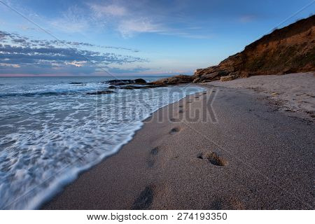 Seascape During Sunrise. Beautiful Natural Seascape. Sea Sunrise At The Black Sea Coast. Magnificent