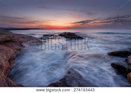 Seascape During Sunrise. Beautiful Natural Seascape. Sea Sunrise At The Black Sea Coast. Magnificent