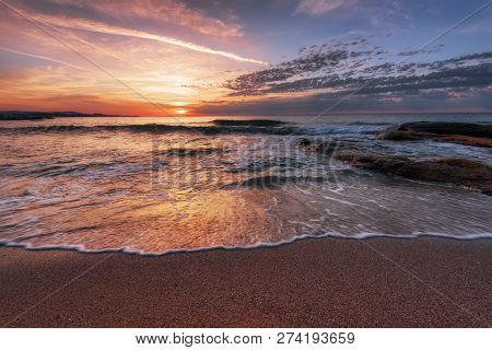 Seascape During Sunrise. Beautiful Natural Seascape. Sea Sunrise At The Black Sea Coast. Magnificent