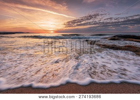 Seascape During Sunrise. Beautiful Natural Seascape. Sea Sunrise At The Black Sea Coast. Magnificent