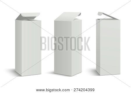 White Tall Package. 3d Boxes Mockup, Cosmetic Medicine Rectangular Cardboard Packaging. Vertical Pap