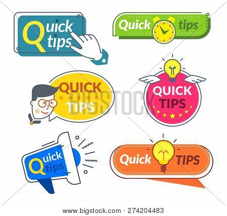 Quick Tip Banners. Tips And Tricks Suggestion, Quickly Help Advice Solutions. Helpful Info Words Vec