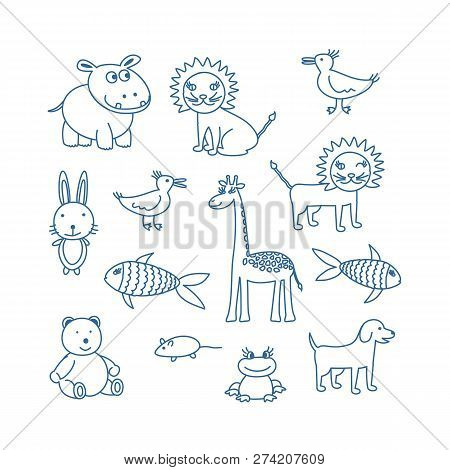 Childrens Doodle Animals Set. Hippopotamus, Lion, Dog, Fish, Bird, Bear Cub, Giraffe, Frog, Rabbit. 