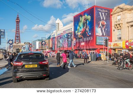 Blackpool, England - October 26, 2018: Blackpool Promenade During An Autumn Weekend. Blackpool Is On