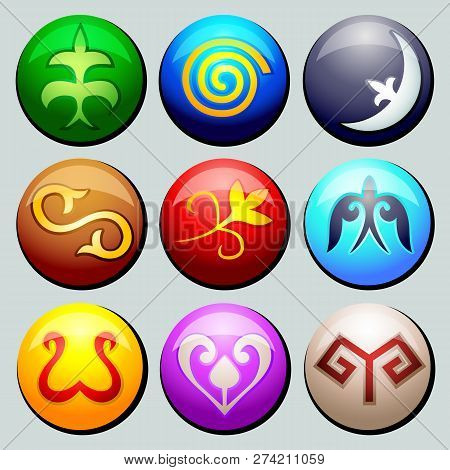 Set Of Various Elements Of Turkic Ornaments Inscribed In Multicolored Circles.