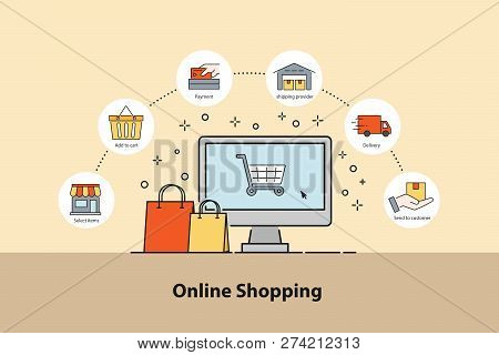 Online Shopping Concept. Infographic Design Elements How To Oder With 6 Steps For E-commerce. Vector
