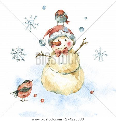 Winter Watercolor Christmas Greeting Card With Cute Sowman And Bird