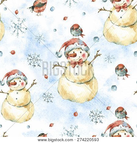 Winter Watercolor Christmas Seamless Pattern With Cute Sowman