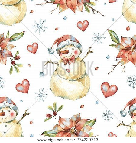 Winter Watercolor Christmas Seamless Pattern With Cute Sowman