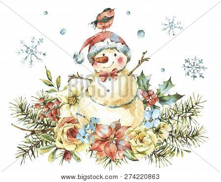 Winter Watercolor Christmas Greeting Card With Cute Sowman, Flowers