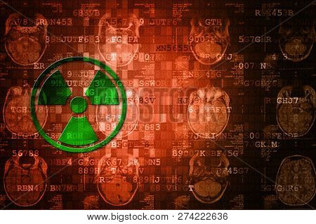 Green Pixelated Radiation Icon On Orange Digital Background With Copy Space. Science Concept.