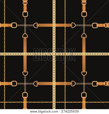 Fashion Seamless Pattern With Golden Chains And Straps. Chain, Braid And Jewelry Elements Background