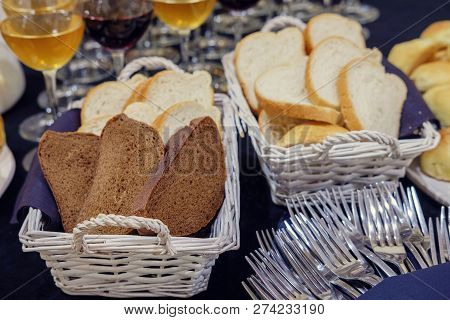 Cut Black Bread And White Bread In The Baskets, Selective Focus