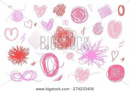 Tangled Shapes On White. Hand Drawn Lines On Isolated Background. Chaotic Signs With Hatching. Color