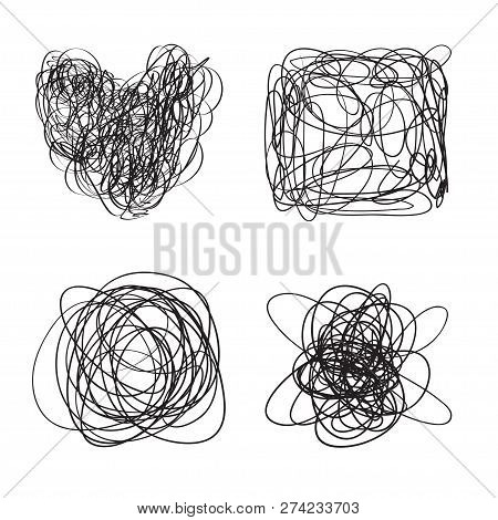 Tangled Shapes On White. Chaos Pattern. Scribble Sketch. Background With Array Of Lines. Intricate C