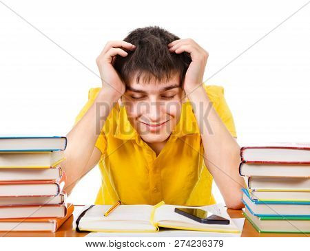 Sleepy Student On The School Desk Isolated On The White Background