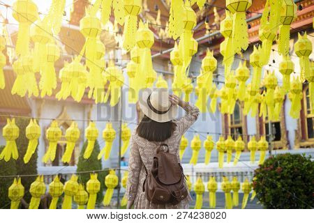 A Woman Tourist Is Enjoy Traveling At
Wat Benchamabophit Dusitvanaram Marble Temple Bangkok‎ During 