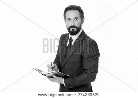 Businessman Planning Schedule Hold Notepad. Time Management And Organizing Skill. Man Bearded Manage