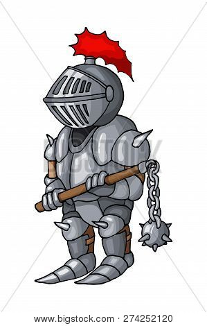 Cartoon Medieval Confident Knight With Morgenstern, Isolated On White Background