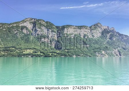 Urquoise Lake Walensee In The Alps, Switzerland
