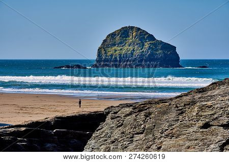 Trebarwith Strand And Gull Rock, Cornwall, Color Picture With Copy Space