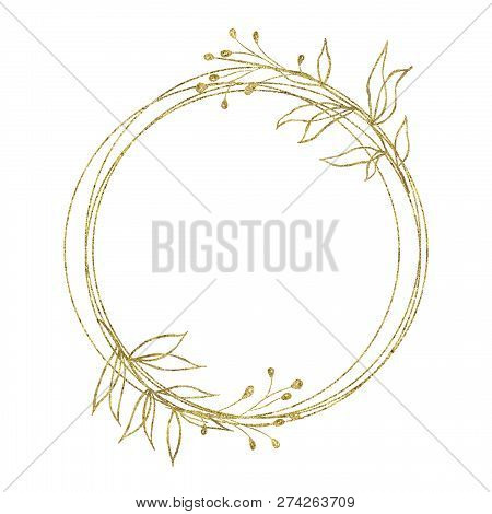 Gold Geometrical Round Oval Frame With Flower Leaves Isolated On White Background. Illustration For 