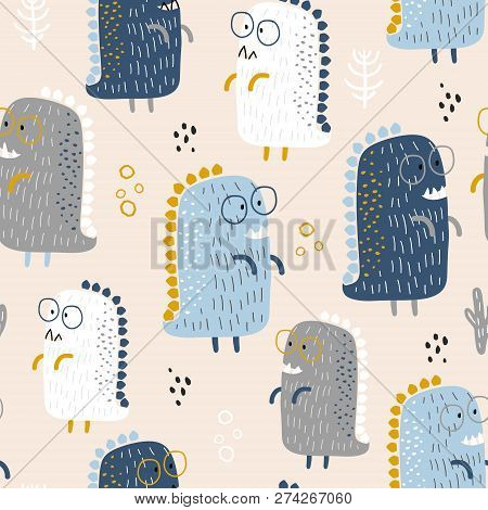 Childish Seamless Pattern With Cute Baby Dinozaurs And Hand Drawn Shapes In Scandinavian Style. Crea