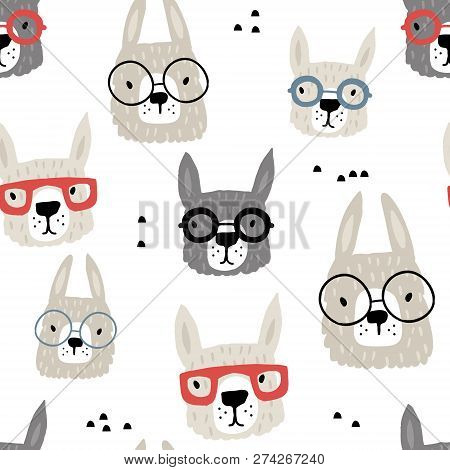 Seamless Pattern With Funny Alpaka In Glasses. Creative Hand Drawn Llama Childish Texture. Great For