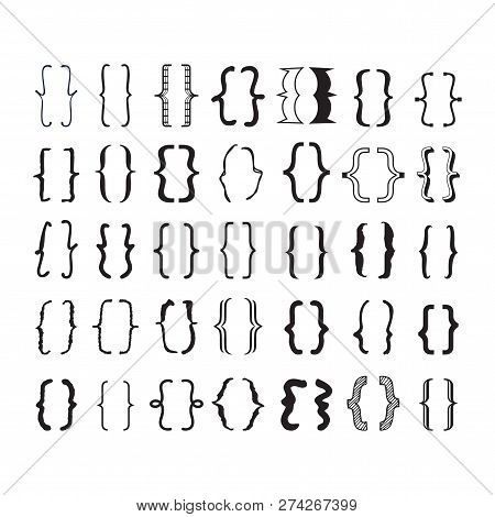Black Oppening And Closing Pairs Curly Brackets Or Braces With Different Fonts And Styles Icons Set 